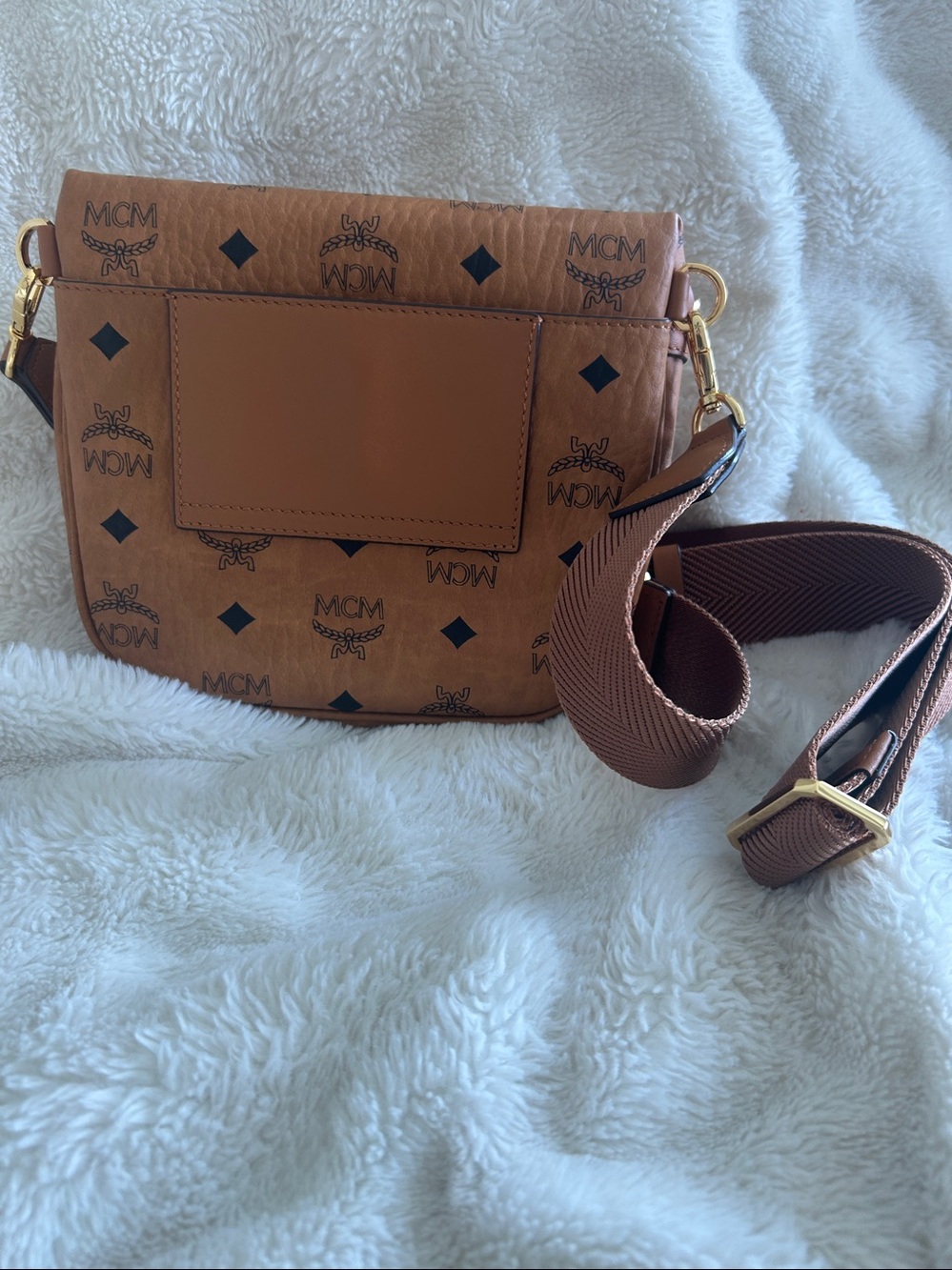 MCM Cognac Visetos Monogram Mini Crossbody Belt Bag with Gold Hardware - Picture 7 of 11